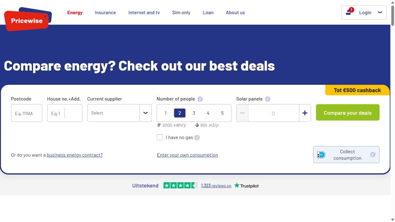 Preview of Pricewise's English energy comparison form