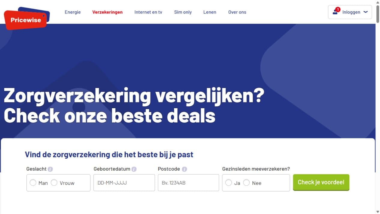 Preview of Pricewise's Dutch health insurance comparison form